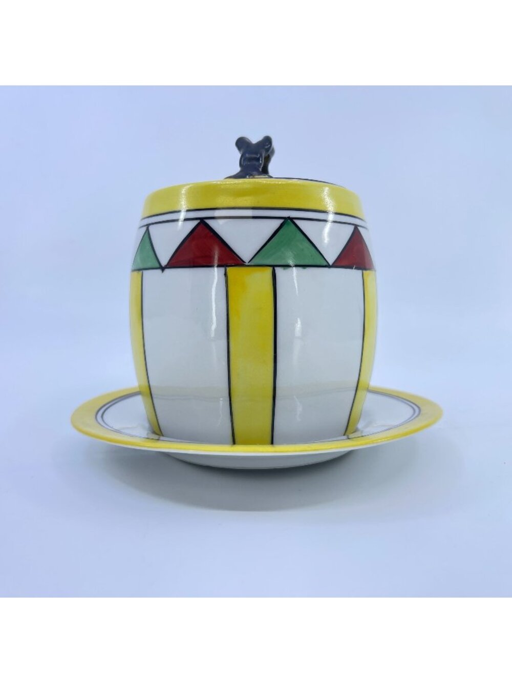 vintage ceramic condiment jar with lid & saucer hand-painted geometric pattern
